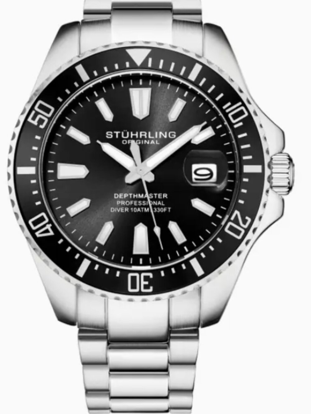 Stuhrling 3950 Men's Depthmaster Quartz Diver Wrist Watch - Black Dial